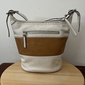 Coach Rugby Duffle Leather Bag White and Tan Stripes
